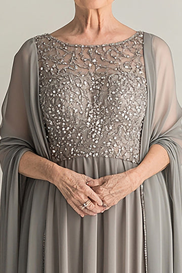 Elegancka Sliver Scoop Scoop Długa Szyfonowa Sukienka Dla Matki Panny Młodej Z Koronkowymi Aplikacjami
